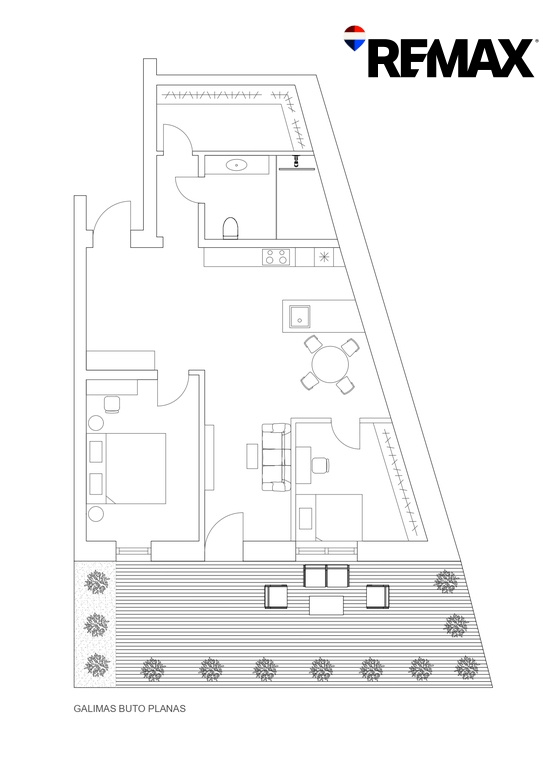 Grundriss der Wohnung mit gekennzeichneten Räumen, Möbelanordnung und Terrasse.