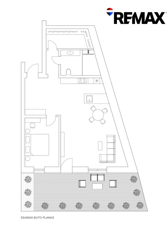 Grundriss der Wohneinheit mit abgetrennten Räumen und einer Terrasse, auf der Gartenmöbel und Pflanzen dargestellt sind.