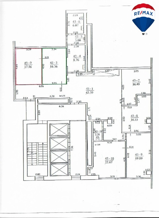 Floor plan with marked areas and dimensions and a stairwell on the left.