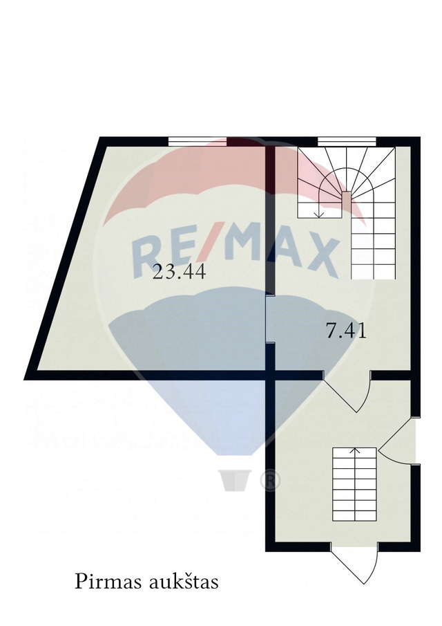 Floor plan with stairs and marked door swing directions.