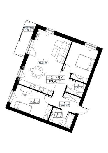 Wohnungsgrundriss mit angegebenen Raumflächen, Möbelanordnung und Balkon.