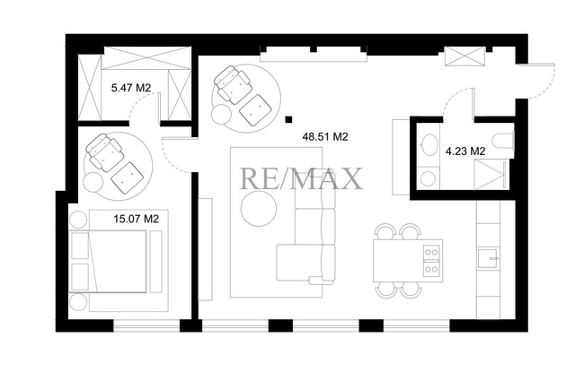 Im Grundriss der Wohnung sind die Flächen der Räume angegeben und die Anordnung der Möbel dargestellt.