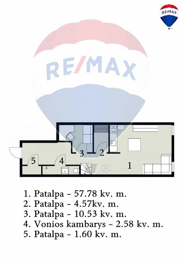 Patalpų planas su numeriais pažymėtomis erdvėmis ir baldų išdėstymu.