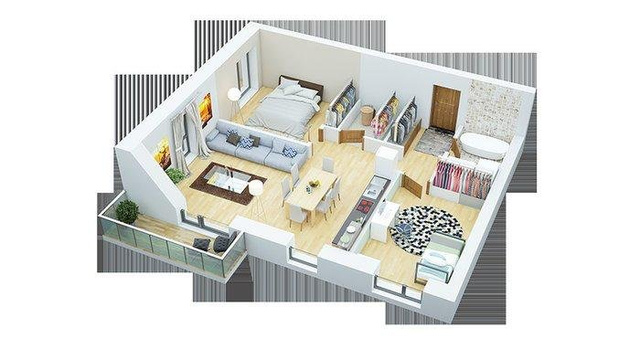 Dreidimensionaler Grundriss einer Wohnung mit Betten, einem Sofa, einem Esstisch und einem Balkon.