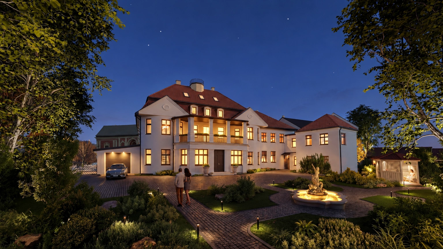 A building with illuminated windows and a yard planted with trees and shrubs.