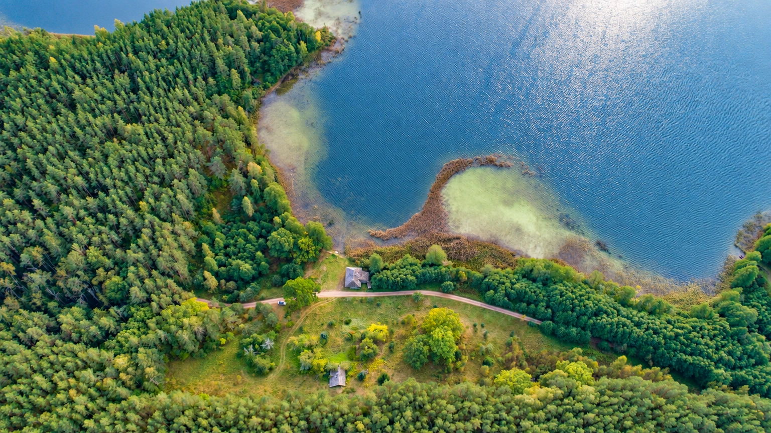 Iš viršaus matyti ežero pakrantė, miškas ir šalia vingiuojantis kelias.