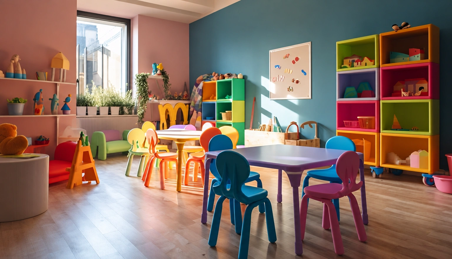 Im Kinderspielbereich stehen bunte kleine Stühle und offene Regale mit Spielzeug.