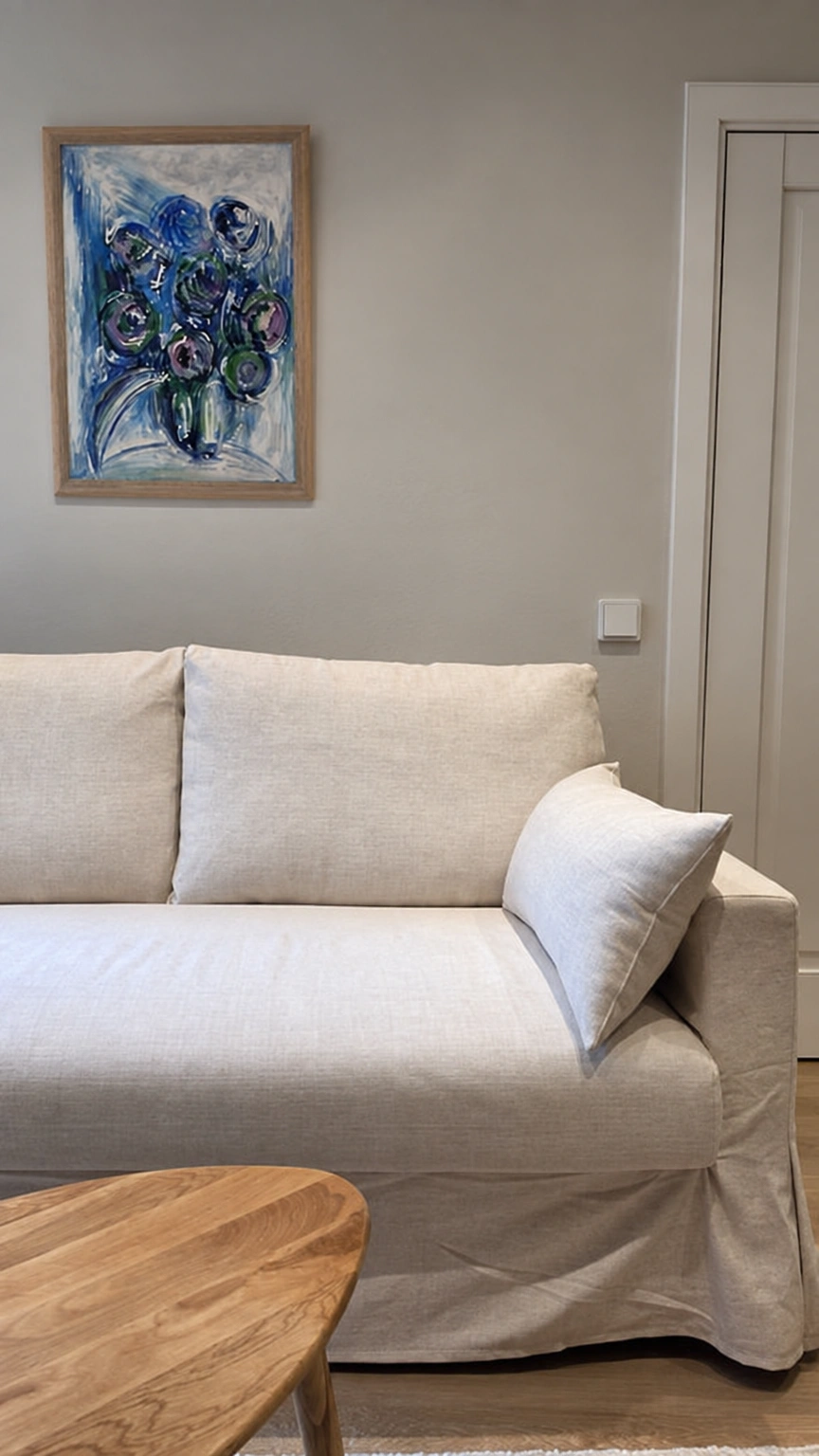 Prie sienos stovi šviesi sofa su pagalve, virš jos kabo gėlių paveikslas.