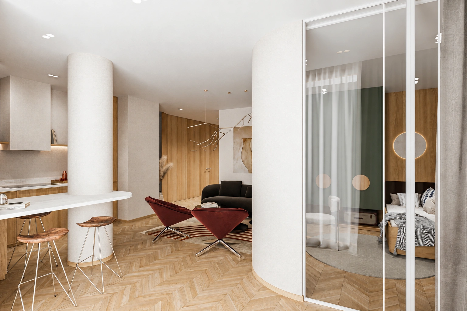 Wohnbereich mit Barhockern an der Arbeitsplatte und einem Bett hinter einer Glastrennwand.