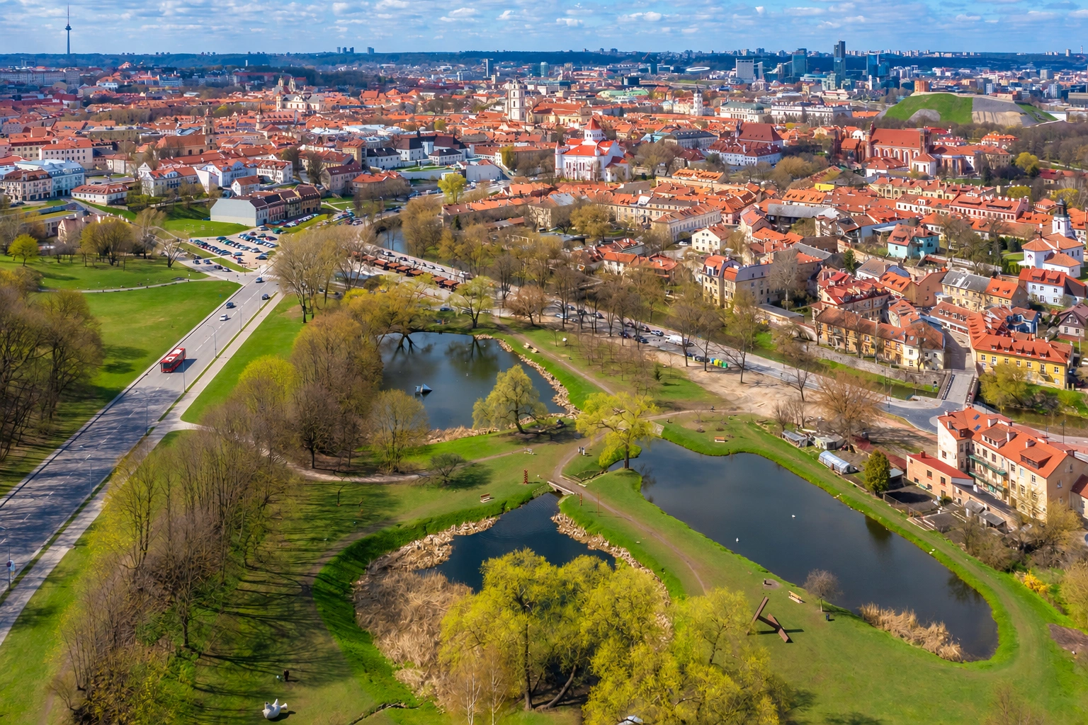 Iš viršaus matomas parkas su tvenkiniais, o tolumoje driekiasi miesto pastatai.