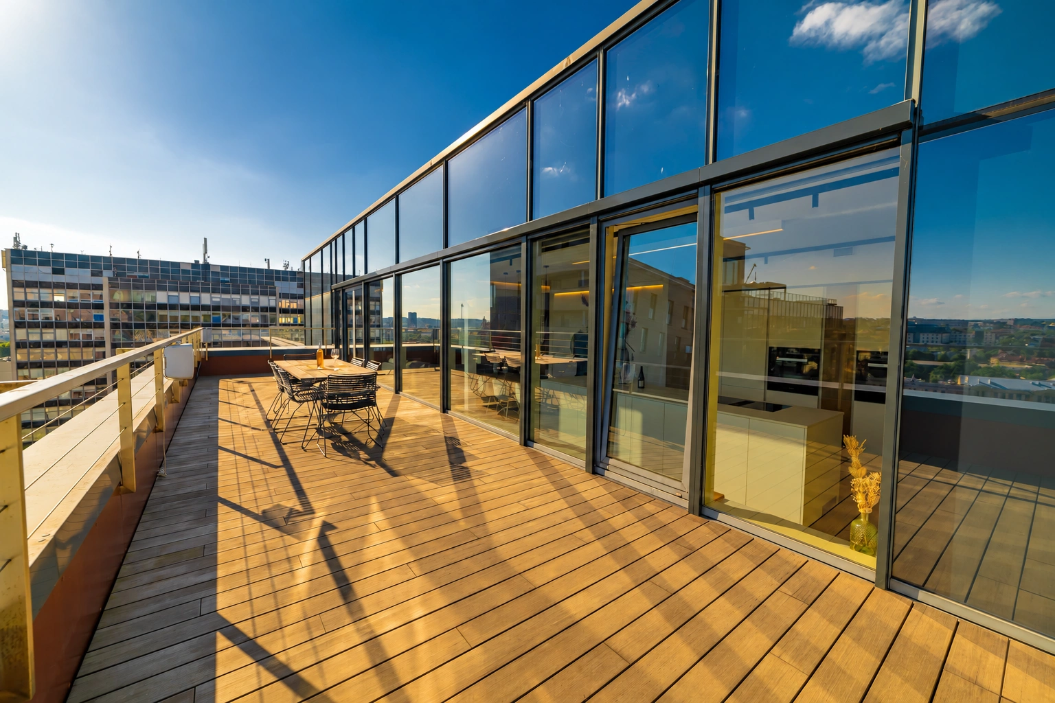 Terrasse mit einem Tisch für den Außenbereich und Stühlen an der verglasten Gebäudewand.