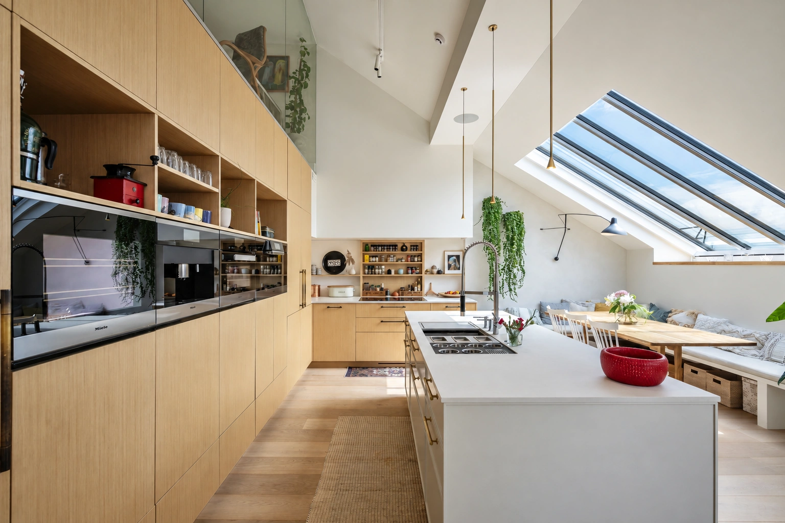 Küche mit einer weißen Kücheninsel und einem großen Dachfenster in der schrägen Decke.