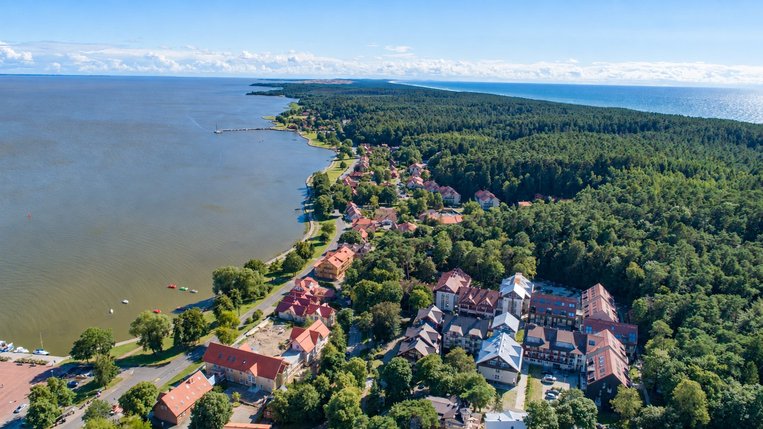 Iš aukštai matyti pakrantės namai raudonais stogais ir greta augantis miškas.