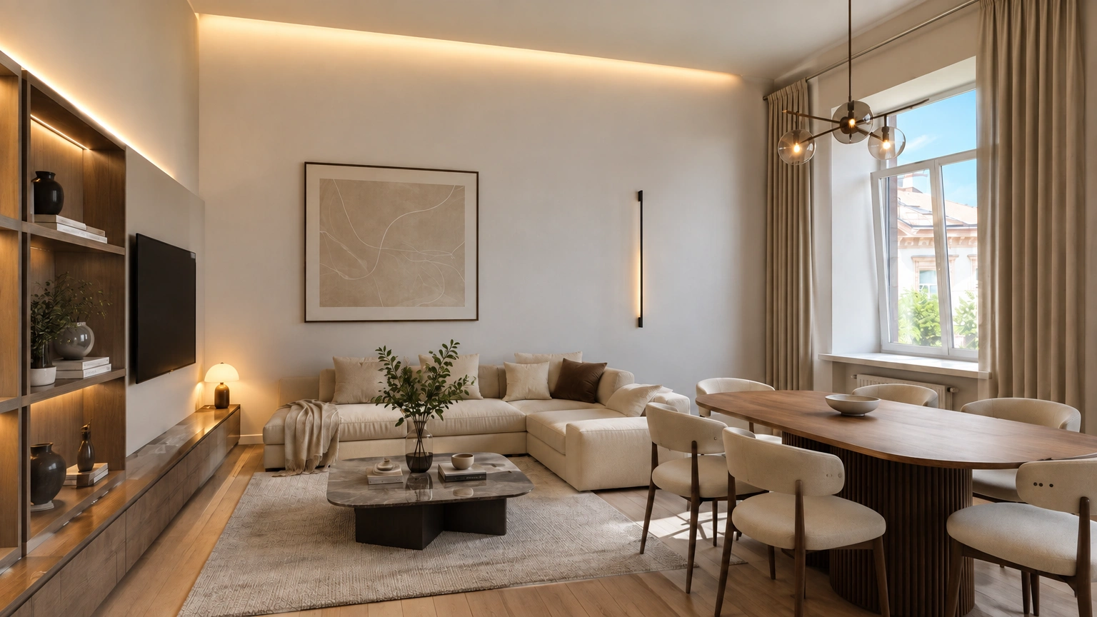 There is a corner sofa in the living room, and a dining table with chairs by a large window.