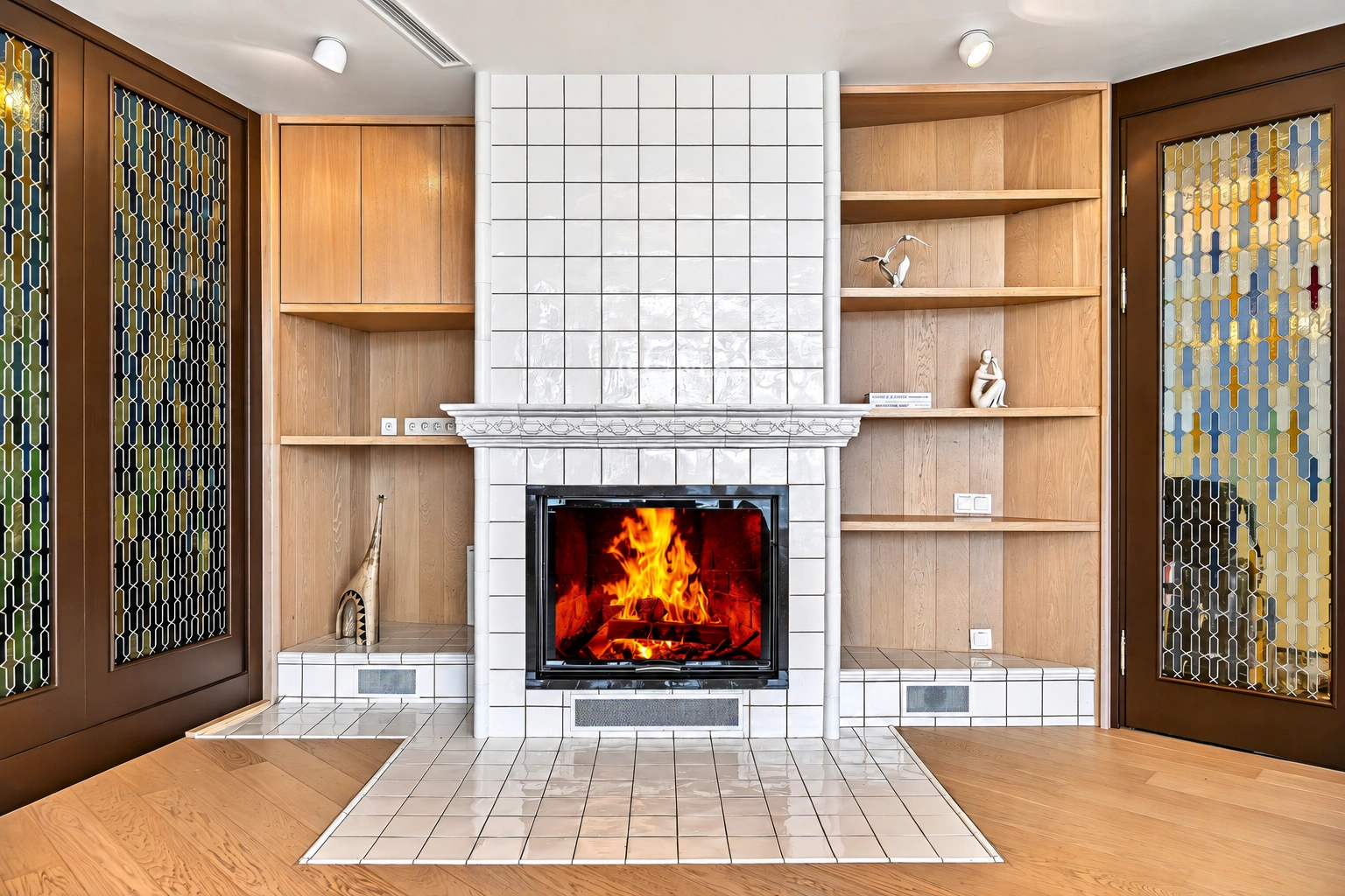 Im Kamin brennt ein Feuer, und zu beiden Seiten sind offene Regale angebracht.