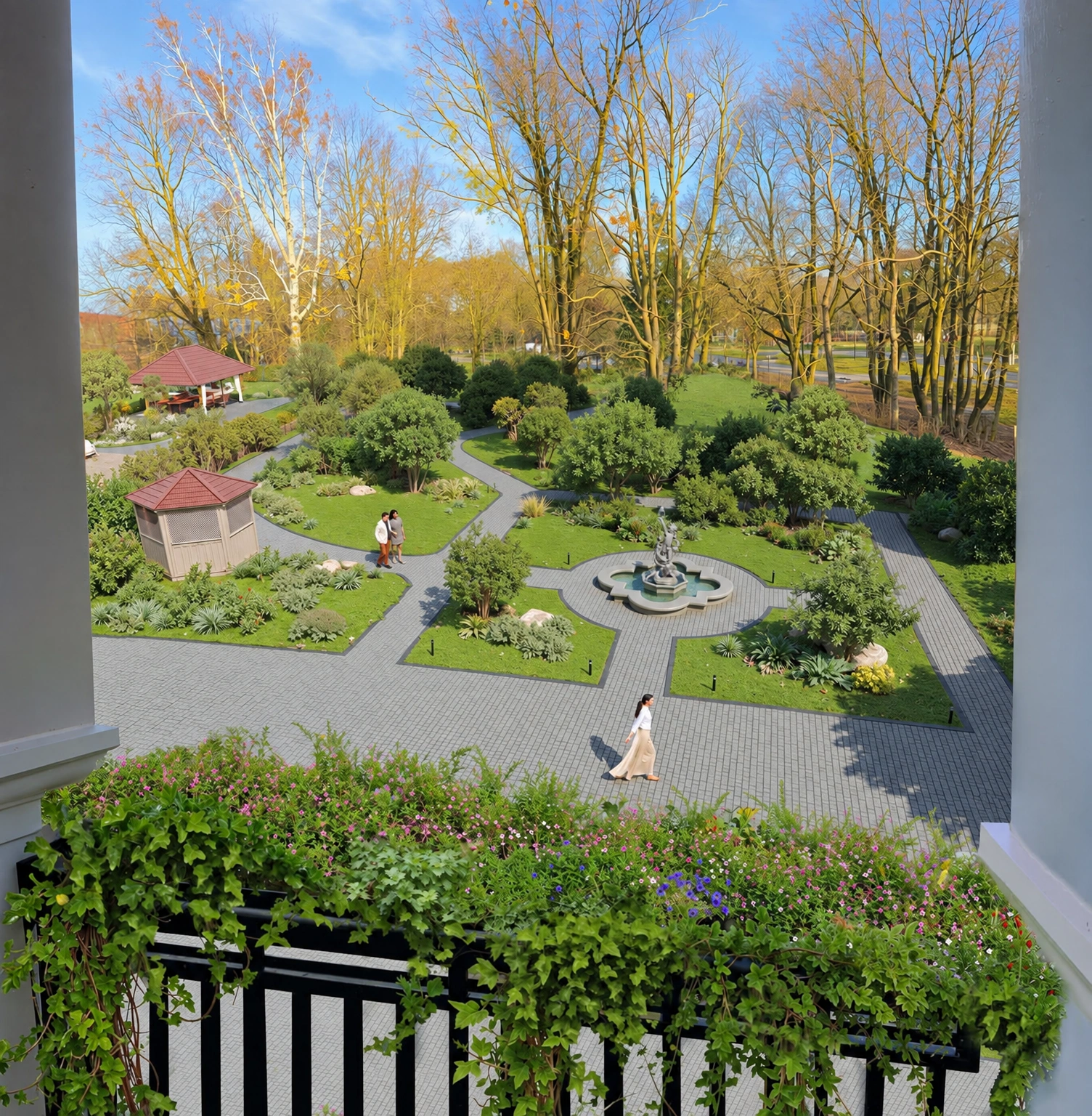 Beyond the balcony railing overgrown with plants, a garden with paths and a fountain can be seen.