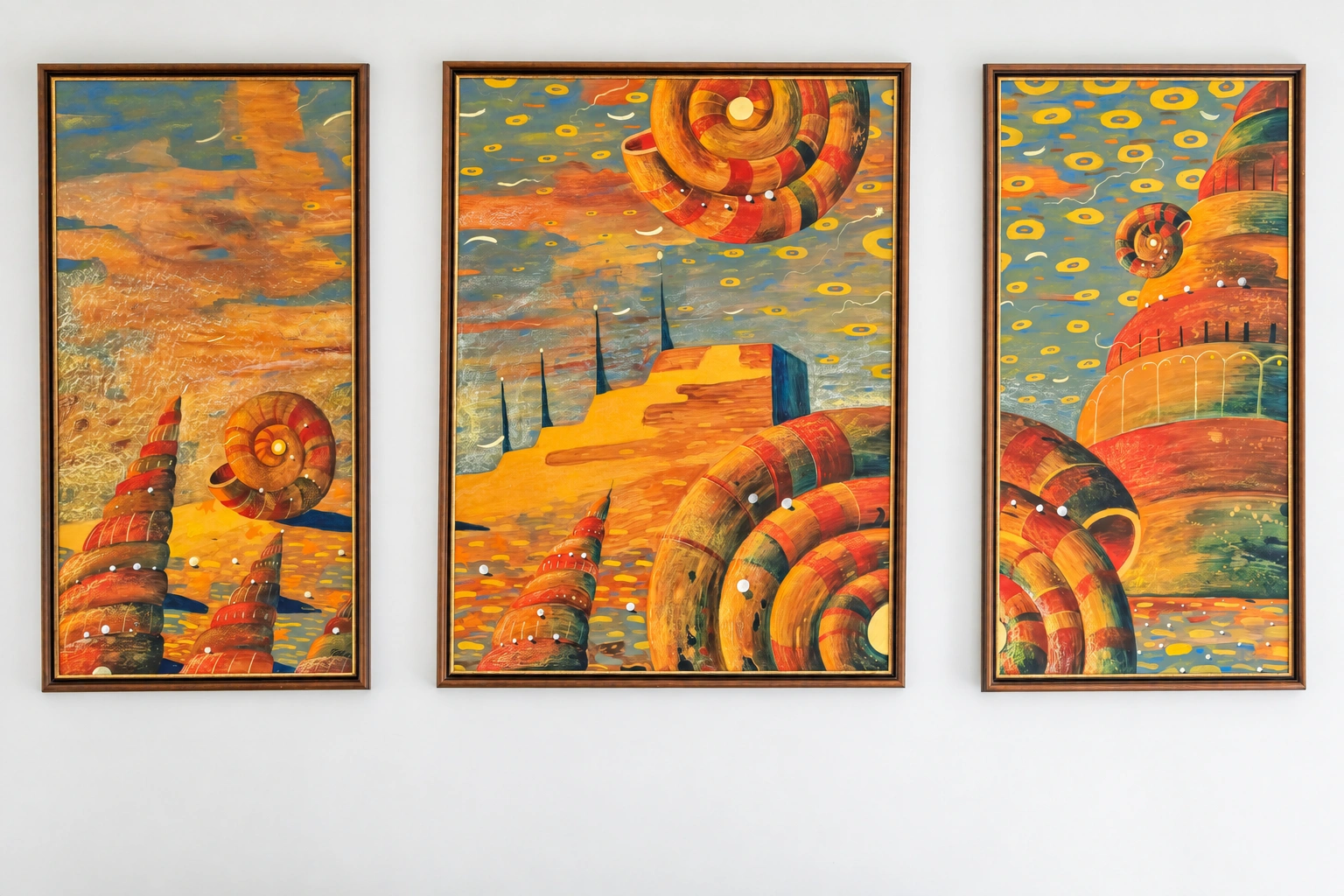 An einer weißen Wand hängen drei gerahmte Bilder mit orangefarbenen und gelben Motiven.