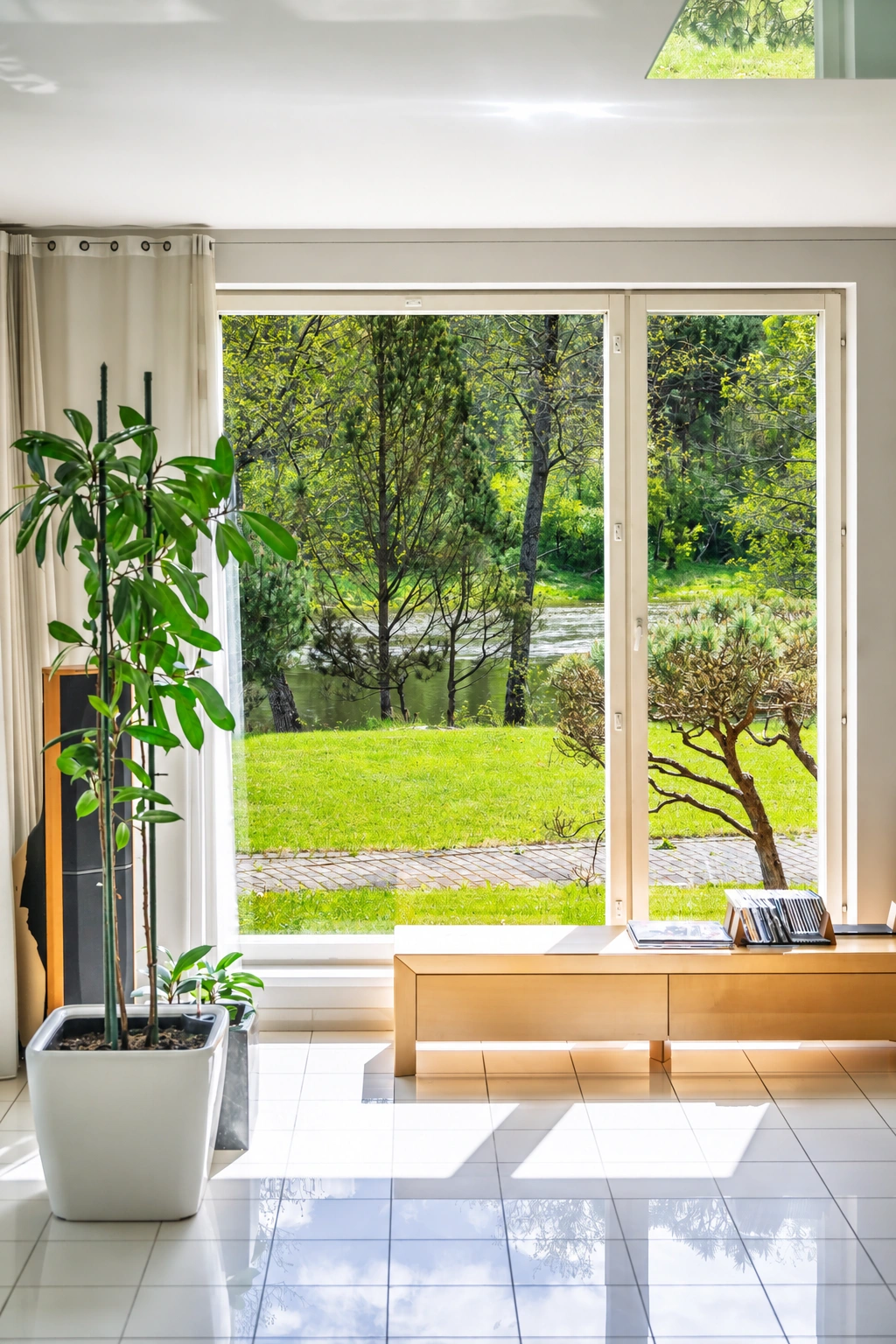Neben einem großen Fenster stehen eine Bank und Topfpflanzen, und durch das Fenster ist ein grüner Hof zu sehen.