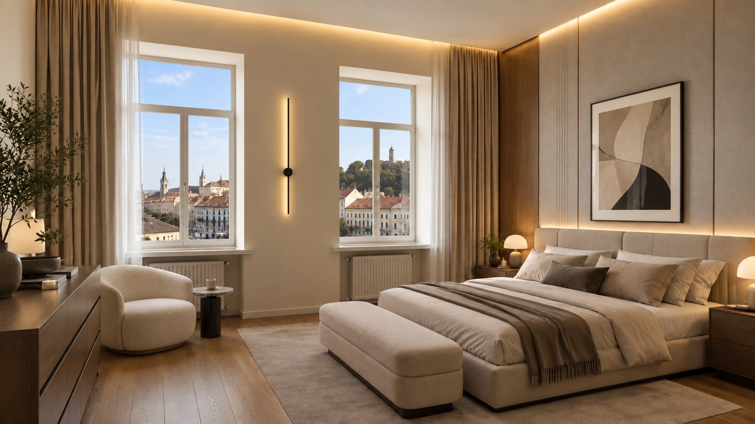 A bedroom with a double bed and two windows, beside which long curtains hang.