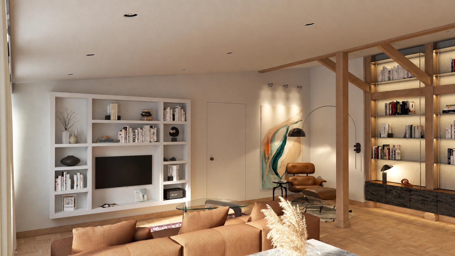 Wohnzimmer mit Sofas, einem Fernseher und beleuchteten Bücherregalen.