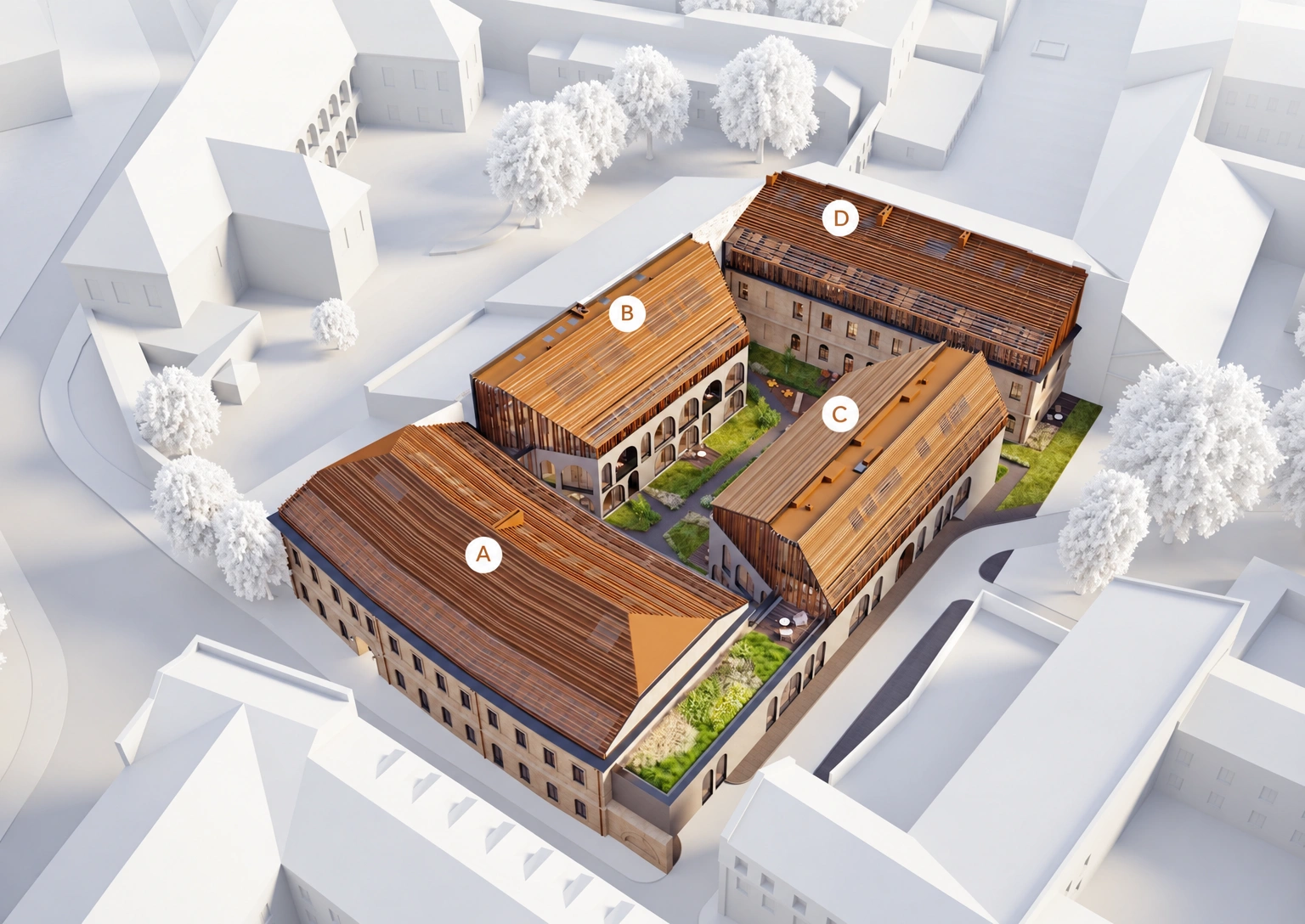 Architektūrinė pastatų komplekso vizualizacija su šlaitiniais stogais ir apželdintu vidiniu kiemu.