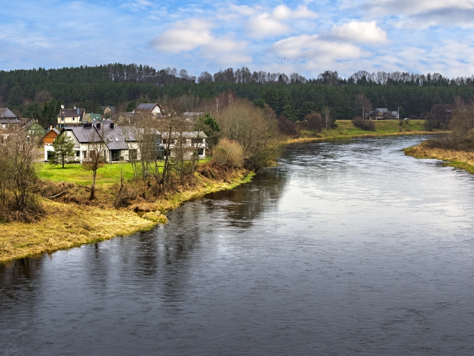 Eine Flussbiegung mit Häusern am Ufer und einem Wald in der Ferne.