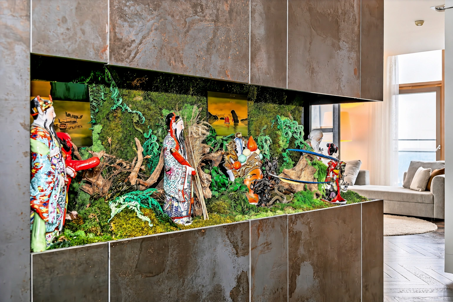 Ein eingebautes Aquarium mit Pflanzen und dekorativen Figuren; daneben ist ein Sofa zu sehen.