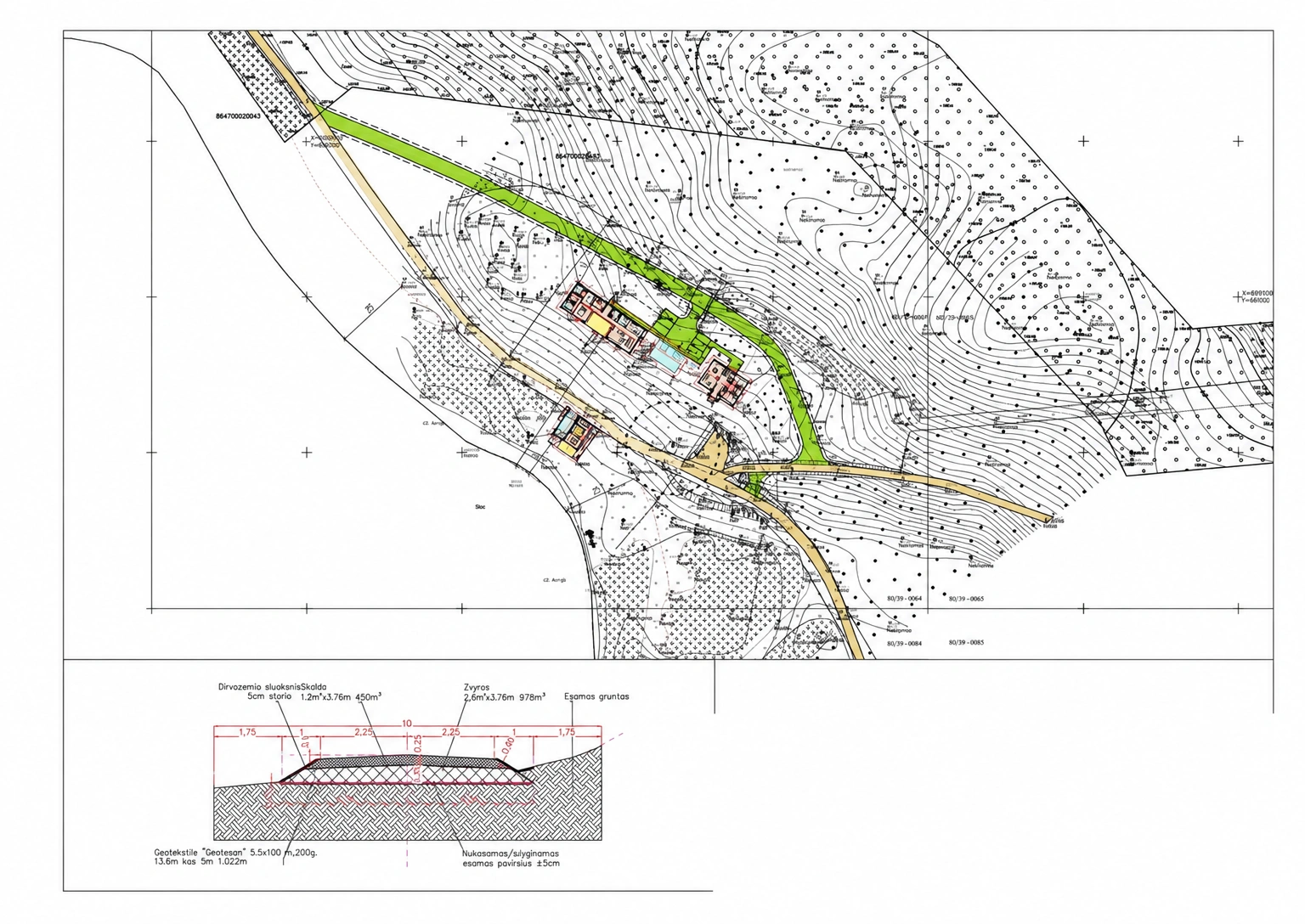 Topografiniame plane matyti keliai ir žaliai pažymėtos teritorijos ribos.