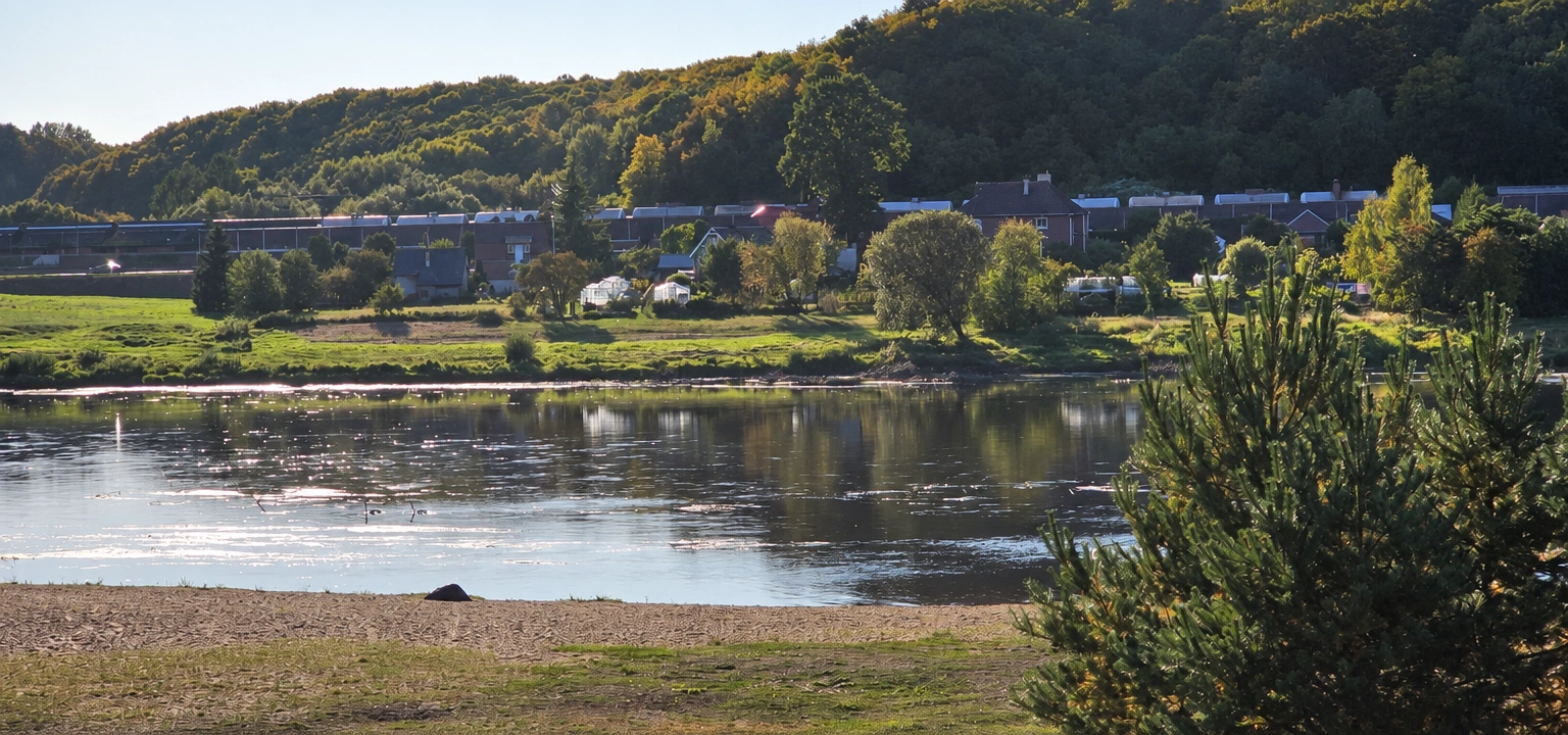 Ein Fluss mit einem grasbewachsenen Ufer; am gegenüberliegenden Ufer sind Gebäude und ein mit Bäumen bewachsener Hang zu sehen.