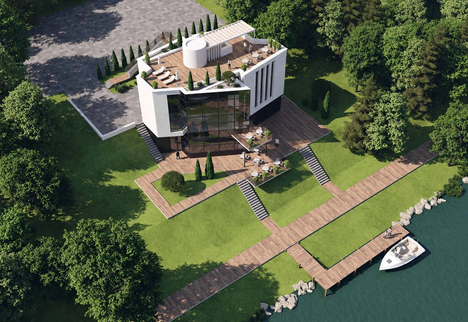 Ein Haus am Wasser mit einer Dachterrasse und einem am Ufer angelegten Steg.