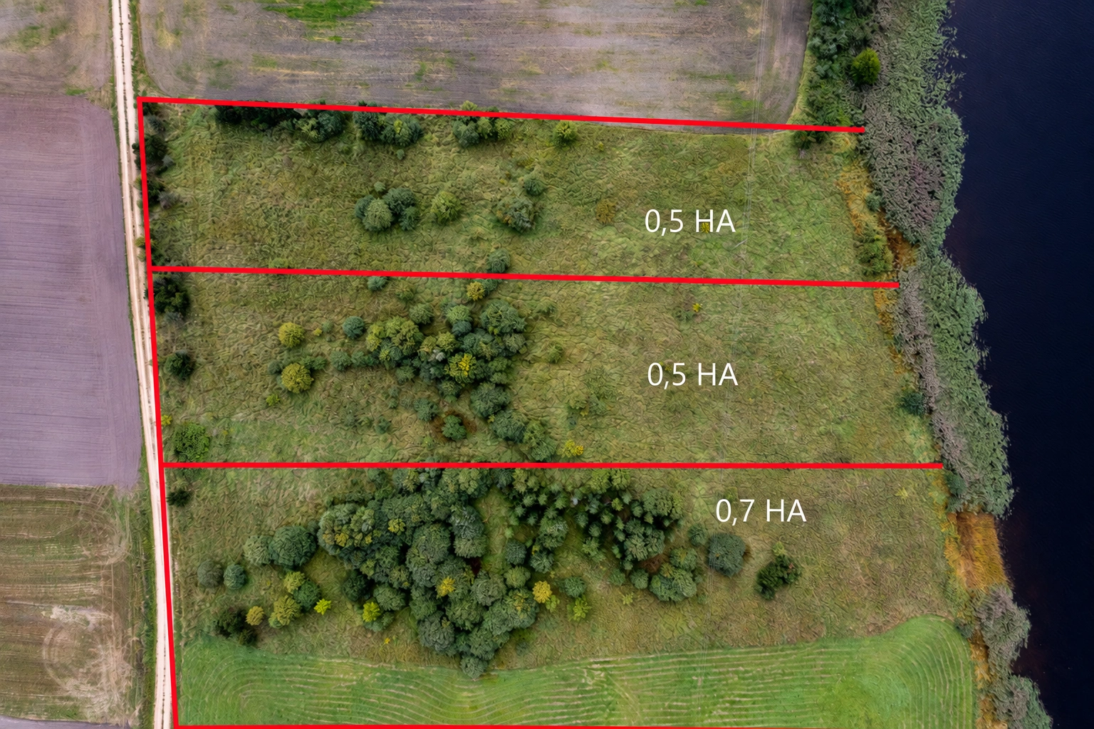 Iš viršaus matomi raudonomis linijomis pažymėti sklypai su medžiais šalia vandens telkinio.