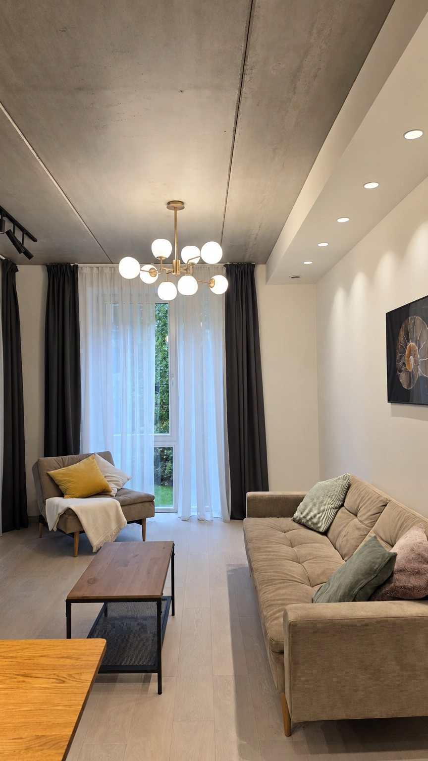 Svetainėje stovi sofa, fotelis ir kavos staliukas, o langą dengia ilgos užuolaidos.