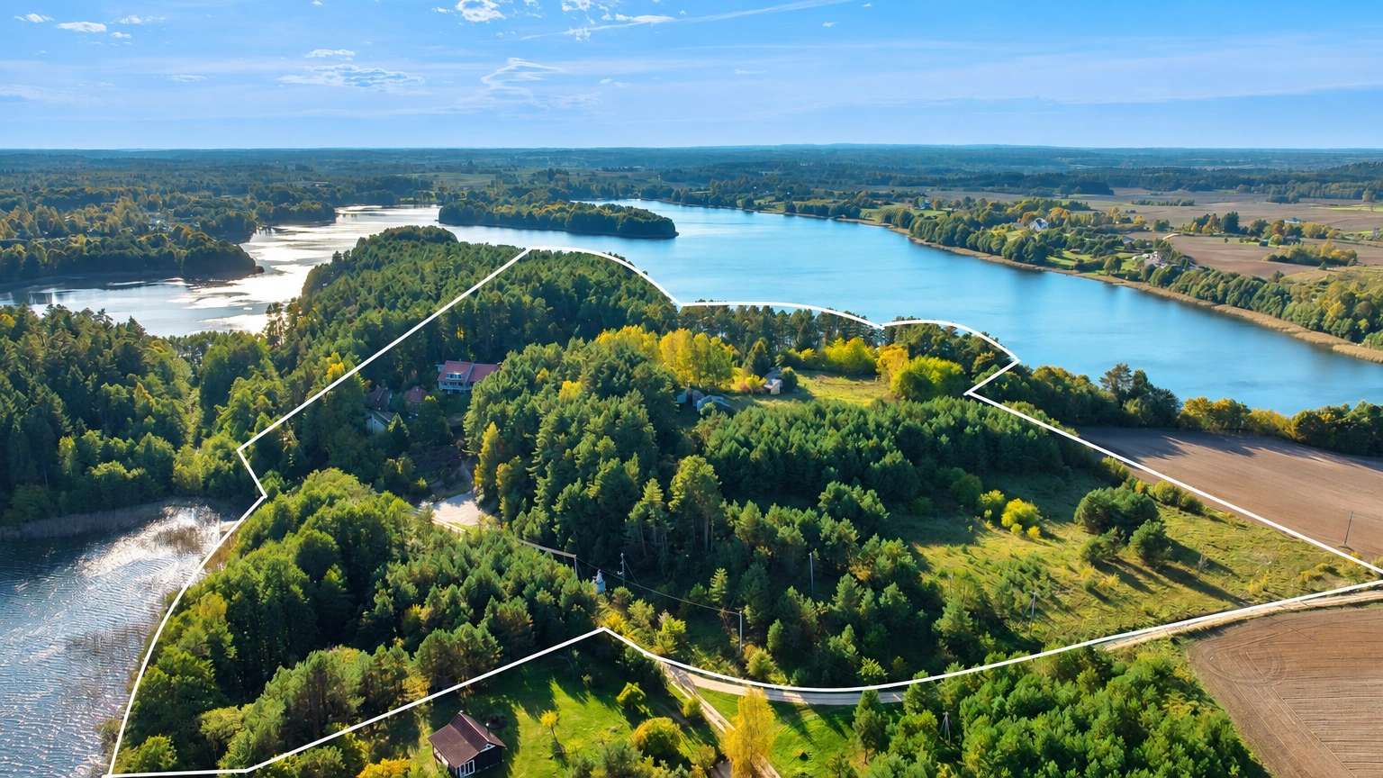 Blick von oben auf eine mit Bäumen bewachsene, mit weißen Linien markierte Landfläche an einem Fluss.