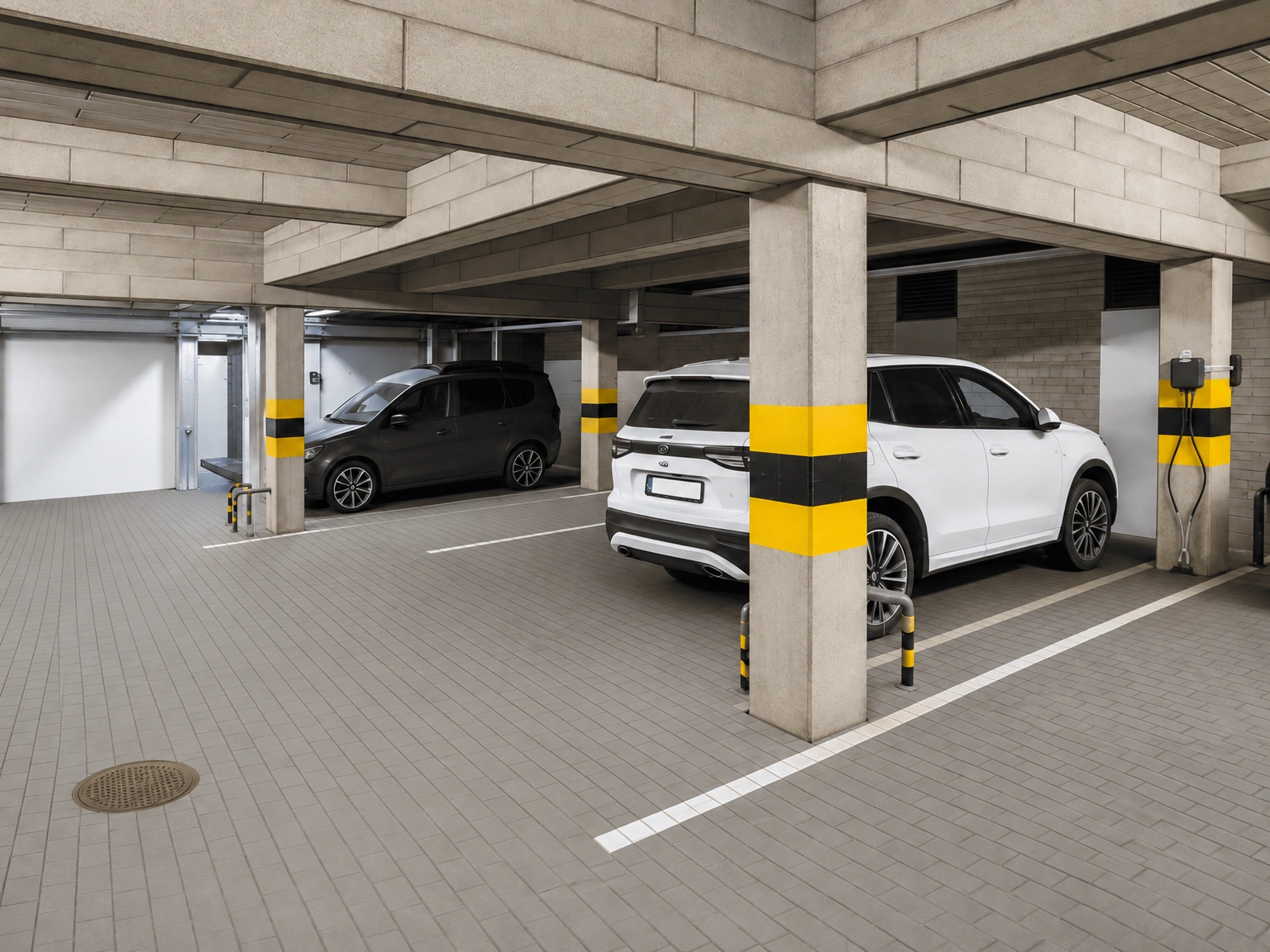 Auf dem überdachten Parkplatz sind Autos und mit gelben und schwarzen Streifen markierte Säulen zu sehen.