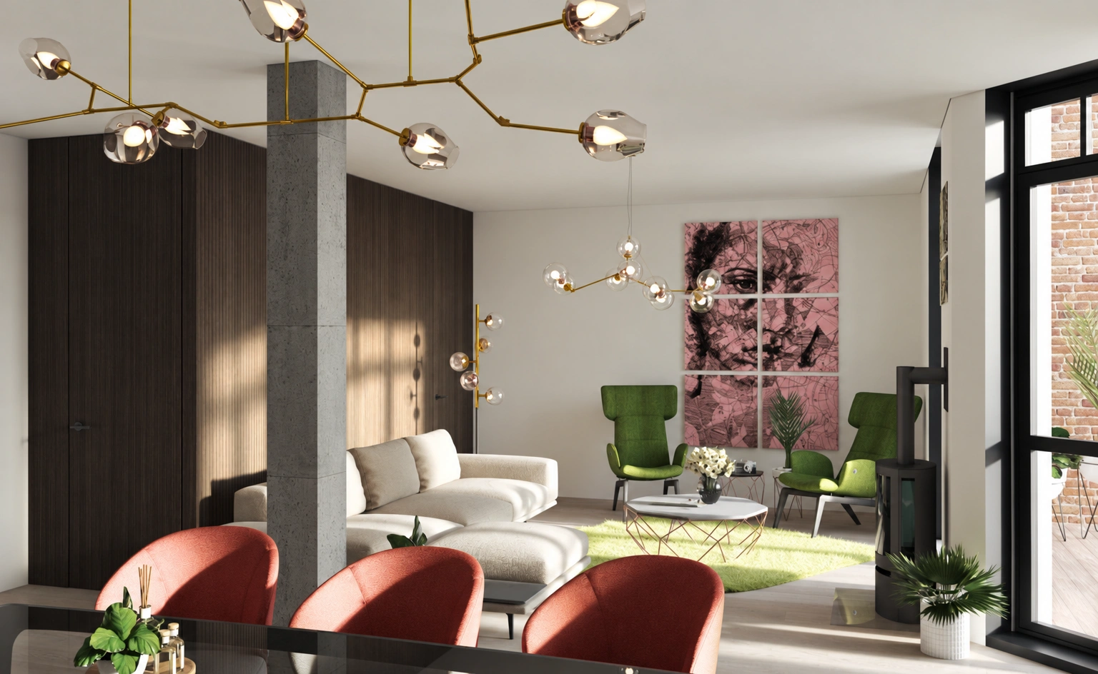 Wohnzimmer mit einem weißen Sofa und grünen Sesseln; im Vordergrund ein Tisch mit roten Stühlen.