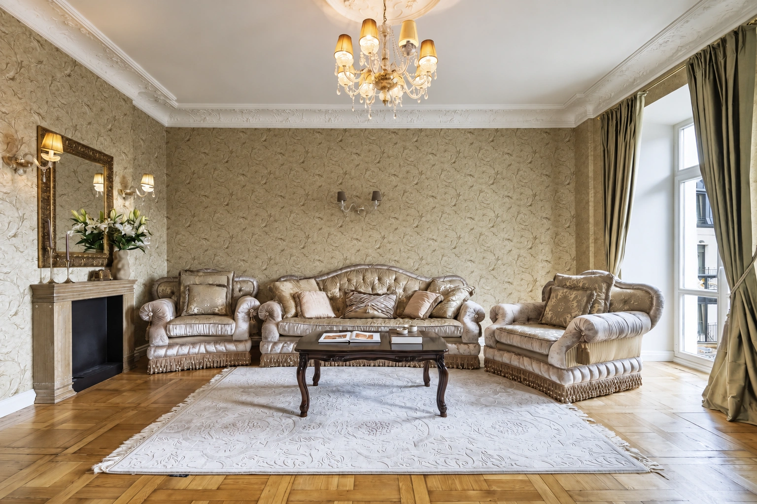 Im Wohnzimmer stehen ein Sofa und zwei Sessel; außerdem sind ein Kamin und große Fenster mit Vorhängen zu sehen.
