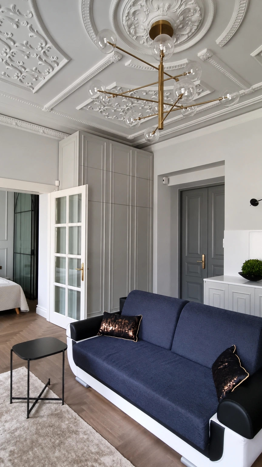 Svetainė su tamsiai mėlyna sofa, dekoruotomis lubomis ir pakabinamu šviestuvu.