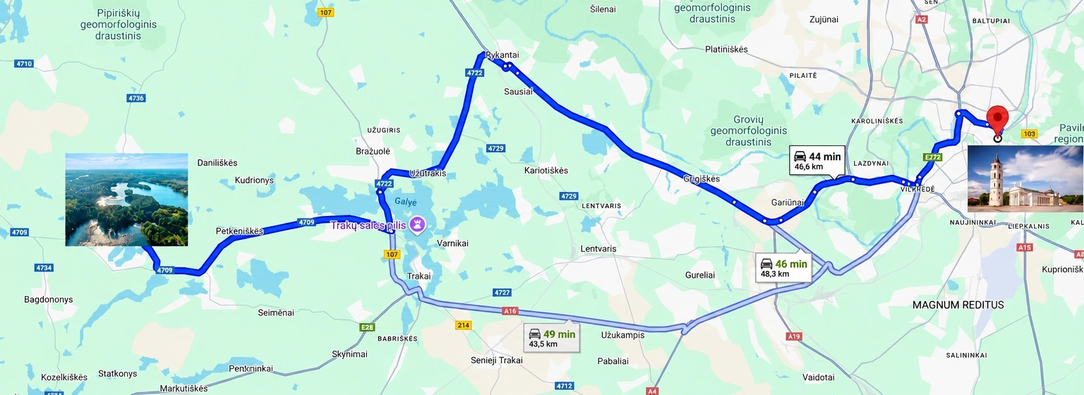 Eine Karte mit einer blau markierten Route und einer roten Standortmarkierung.