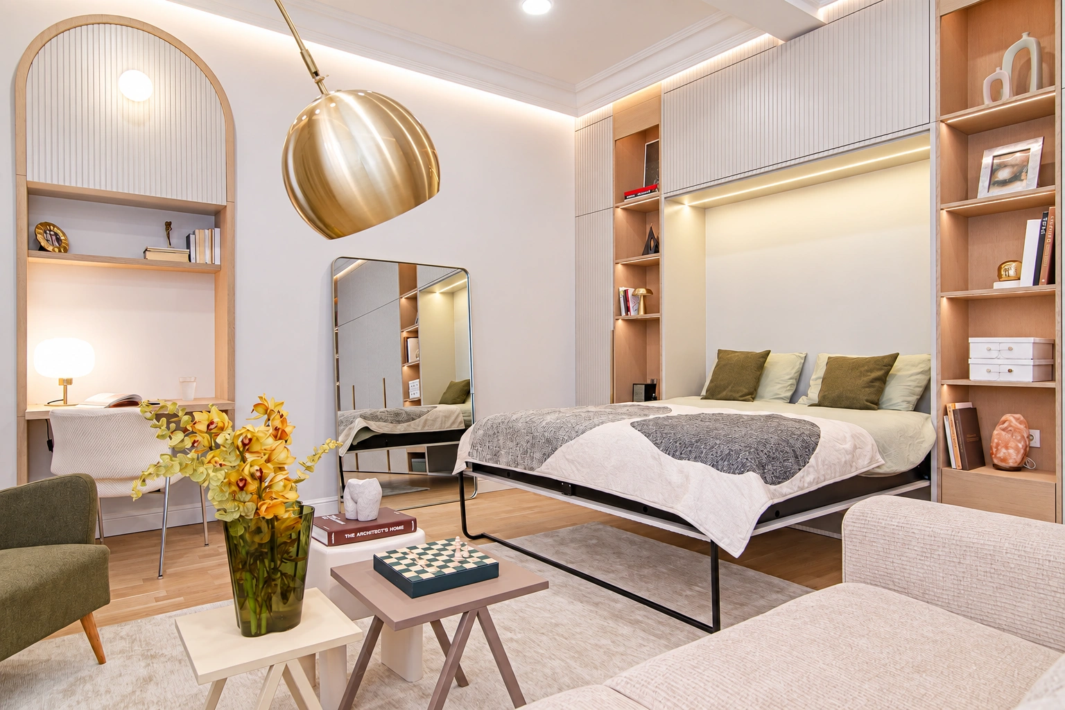 There is a bed and a sofa in the room, and open shelves are installed on both sides of the bed.