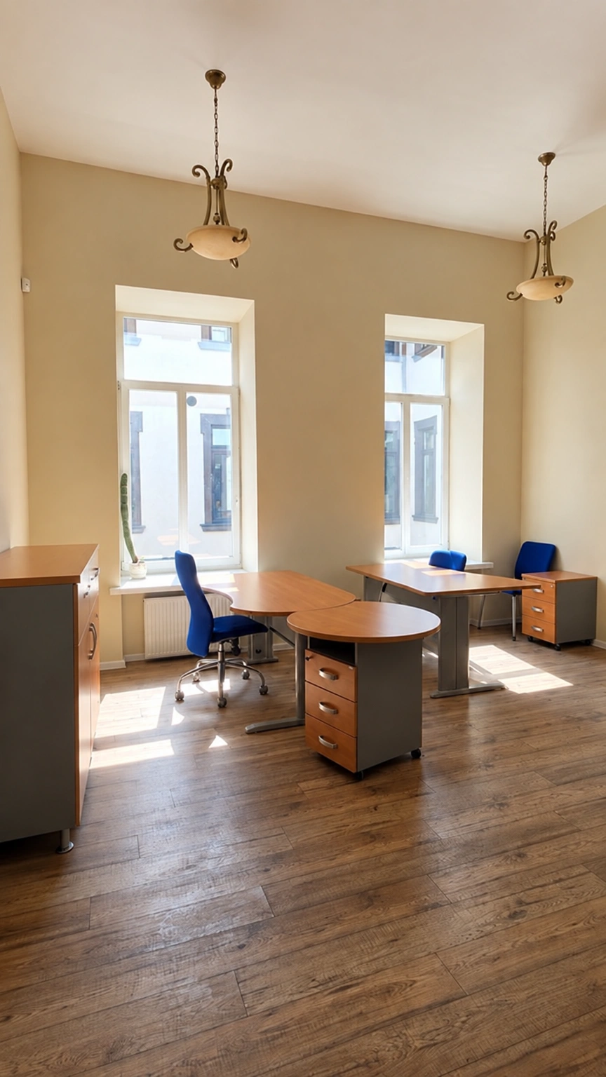 A study with desks, blue office chairs, and two tall windows.