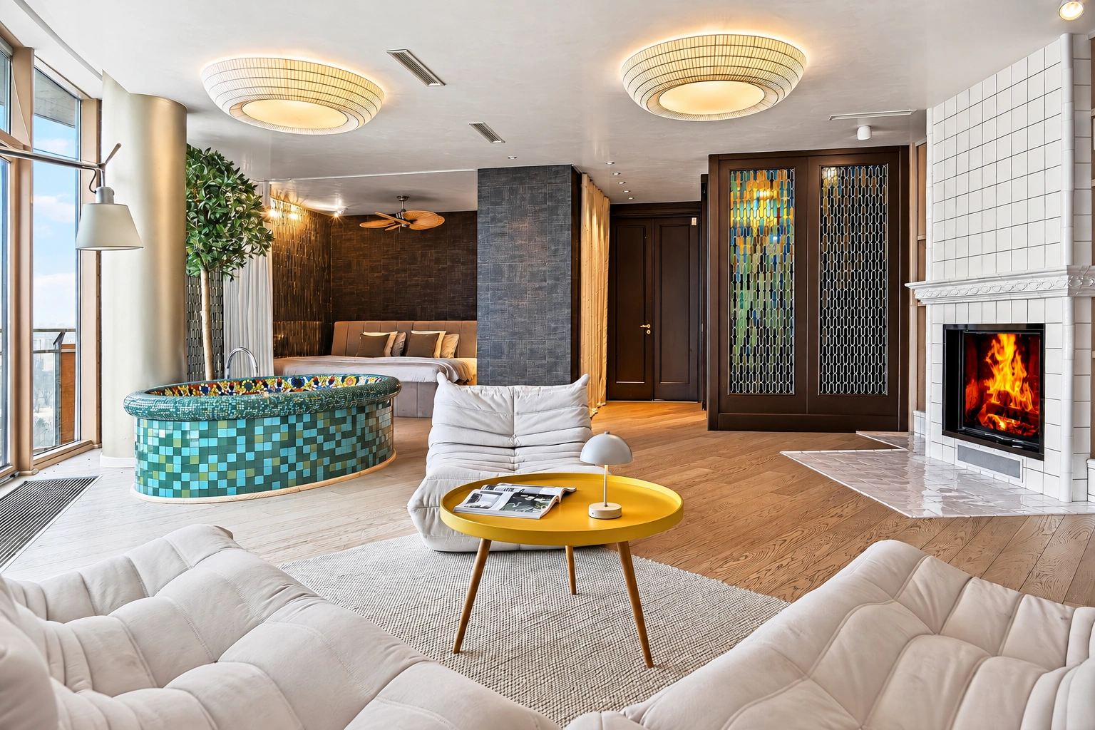 Wohnzimmer mit hellen Sofas und einem Kamin, in dem ein Feuer brennt.