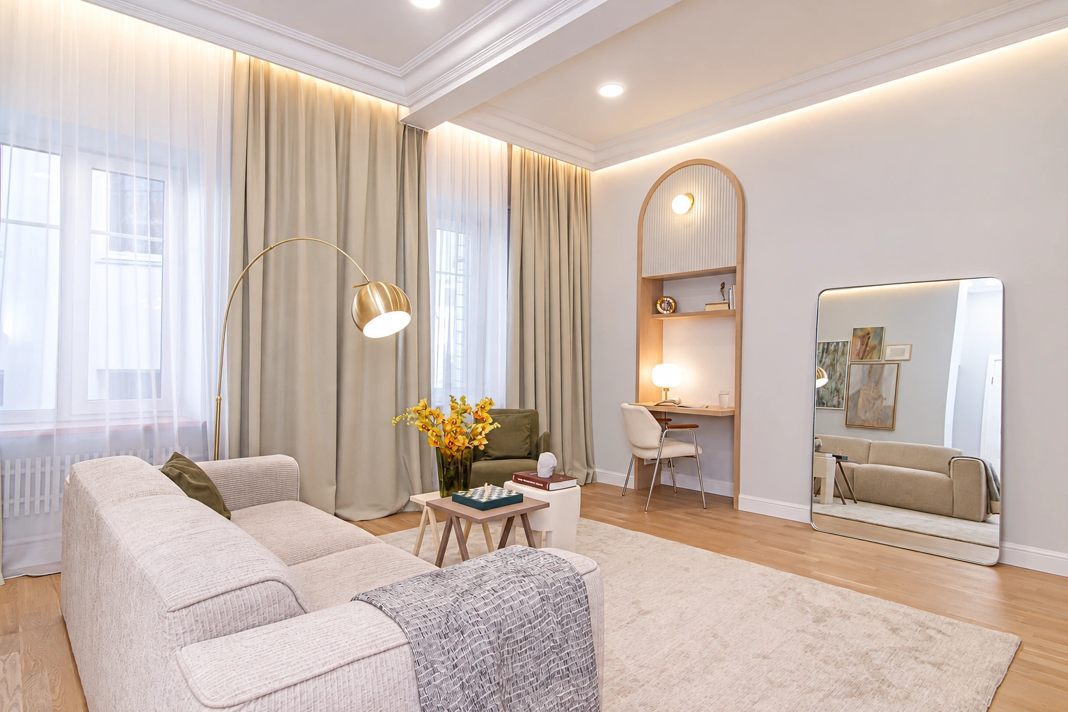 Living room with a light-colored sofa and a large mirror leaning against the wall.