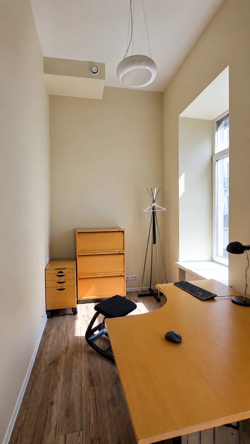 In a narrow room, a writing desk stands by the window, and a chest of drawers stands by the back wall.