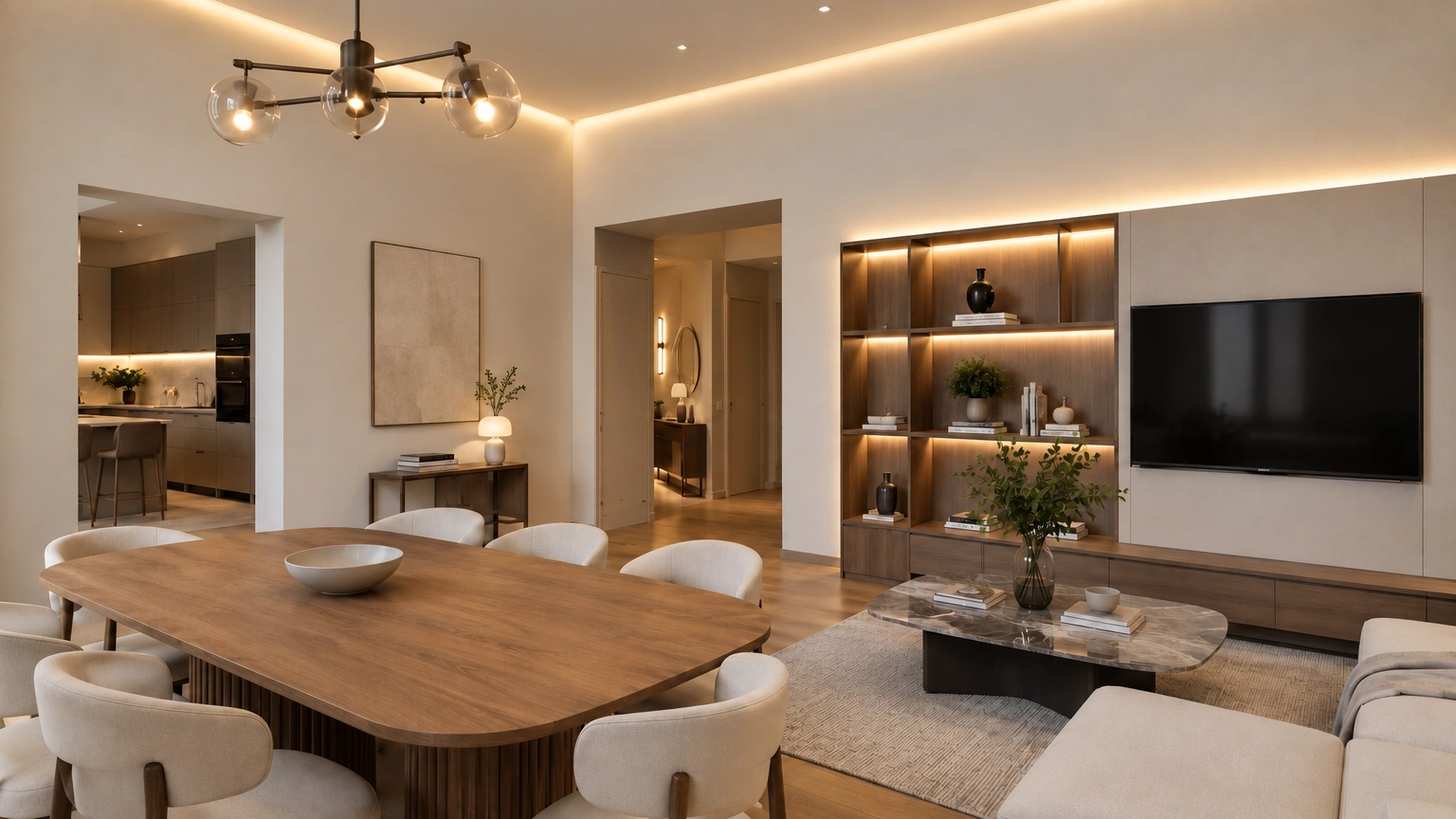 In the living room, a dining table with chairs and a wall-mounted television are visible.