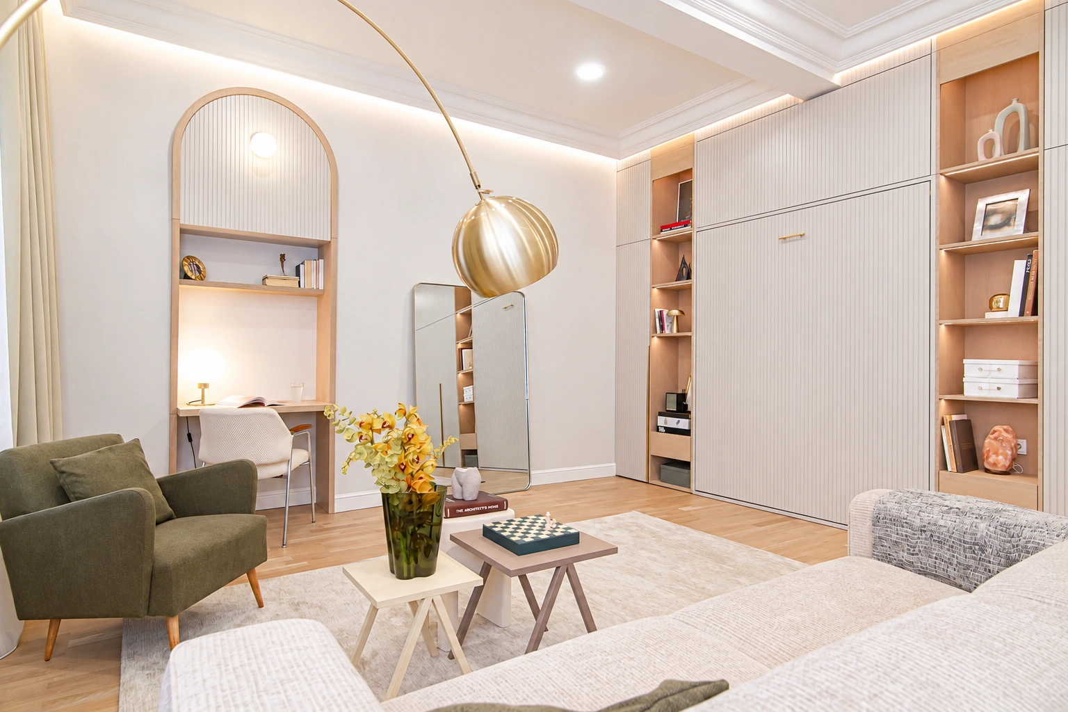 Wohnzimmer mit einem hellen Sofa und entlang der Wand angebrachten beleuchteten Regalen.