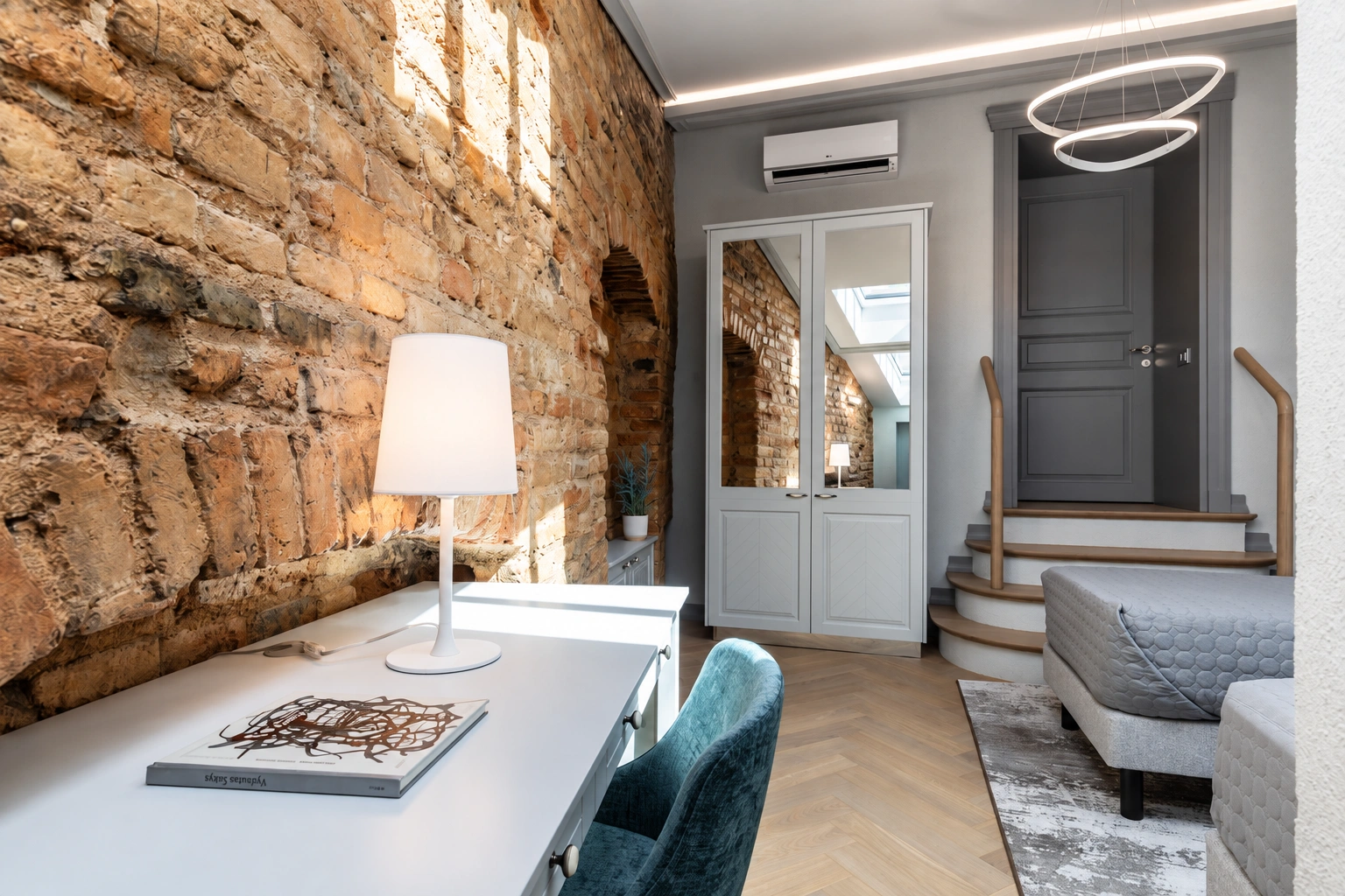 Patalpoje yra rašomasis stalas su lempa, o prie durų – keli laipteliai.