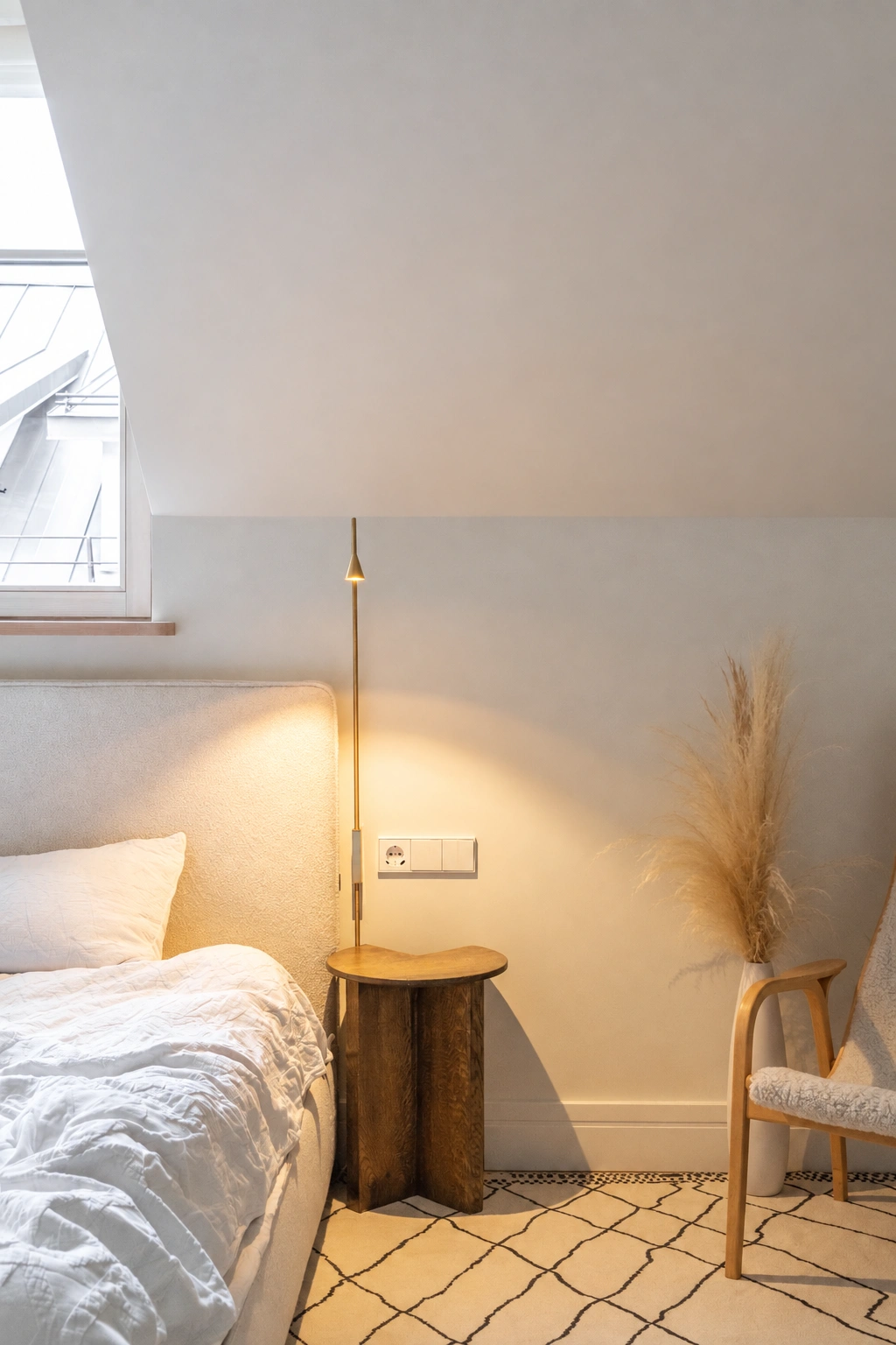 Eine Ecke des Schlafzimmers mit einem Bett und einer Stehlampe unter einer schrägen Decke.