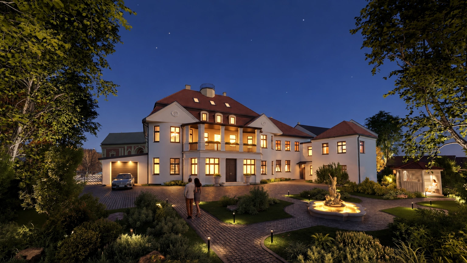 A multi-storey building with illuminated windows and a fountain in front of the façade.