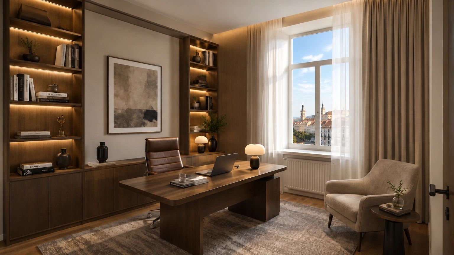Study with a writing desk and illuminated wall shelves.