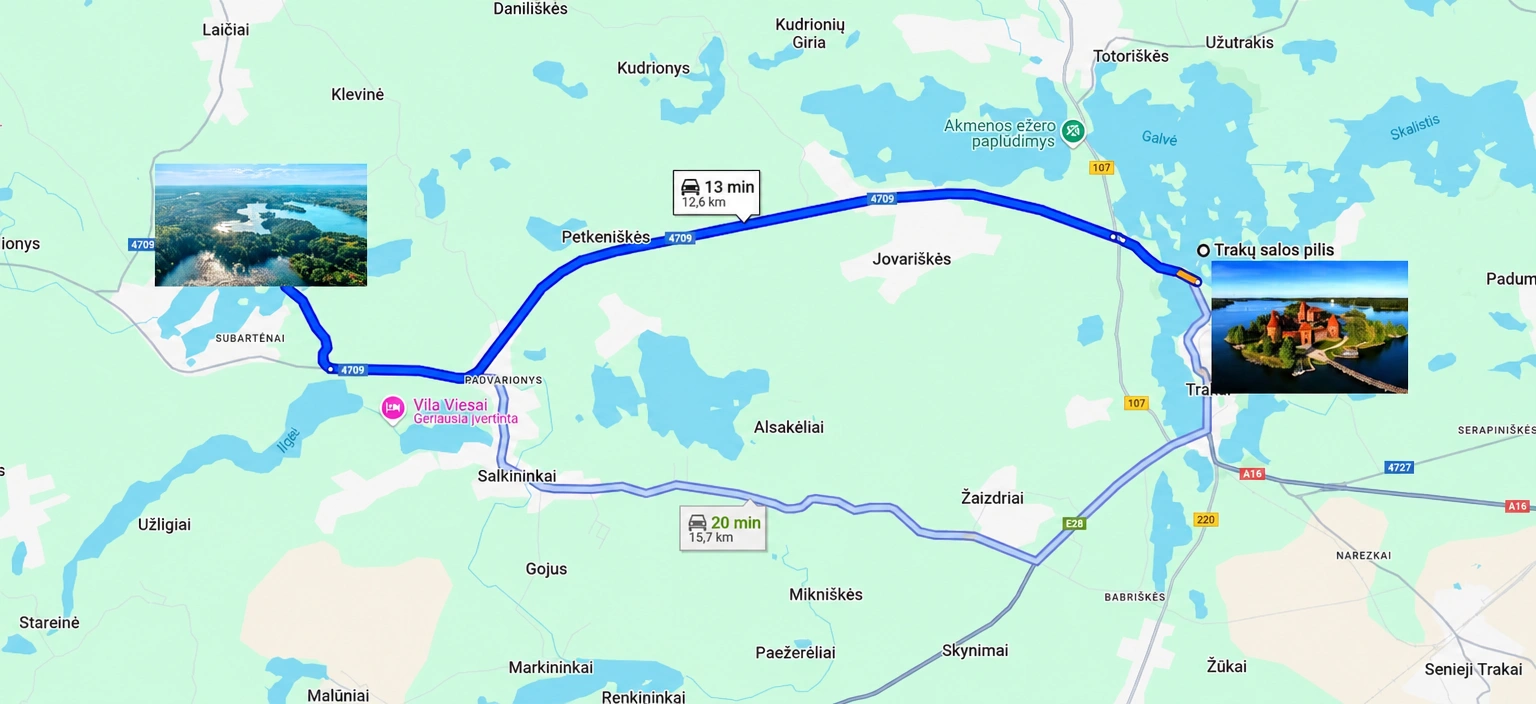 Eine Karte mit einer durch eine blaue Linie markierten Route und zwei eingefügten Fotos von Orten.